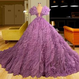 Princess A Line Prom Dresses Tulle Ruffles Puffy Party Dresses Deep V Neck Feathers Custom Made Evening Dress