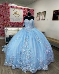 Sky Blue Flowers Pearls Princess Quinceanera Dresses Off Shoulder Beads Crystal Sweet 16 Dress Vestido De 15 Anos Lace-Up