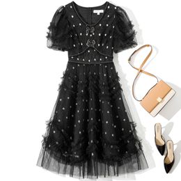 2022 Autumn Round Neck Tulle Floral Embroidery Dress White / Black Solid Colour Short Sleeve Panelled Mid-Calf Midi Casual Dresses 22L156528