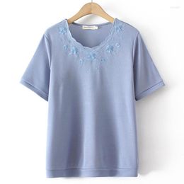 Shirt 100KG Plus Size For Women Clothing Fashion Embroidered Ice Silk Knitting Tops Loose And Casual Curve Tees Summer 2022