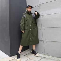 Women's Trench Coats Women's Johnature Streetwear Women Clothes 2022 Long Coat Autumn Winter Turn-down Collar Spliced Mesh 2 Colors