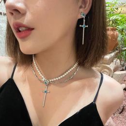 Pendant Necklaces Fairy Temperament Blue Crystal Cross For Girls Gift Vintage Pearl Chains Choker Fashion Female Party Jewellery