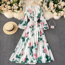 New French Dress Goddess Elegant Print Bubble Sleeve Slim Long Dress