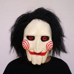 Party Masks Movie Saw Chainsaw Massacre Jigsaw Puppet with Wig Hair Latex Creepy Halloween Horror Scary mask Unisex Cosplay Prop 220920