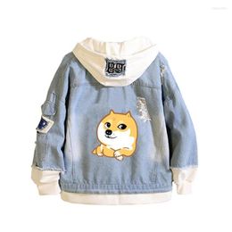 Men's Hoodies Anime Doge Coat Teens Cowboy Jacket Men Women Casual Denim Hooded Loose Frayed Ripped Hole Jean