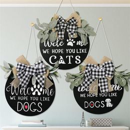 Decorative Flowers Dogs Welcome Door Hanging Wreath Front Decoration Plaques Pet Dog Reminder Signs Home Big Plaid Bow House Decor