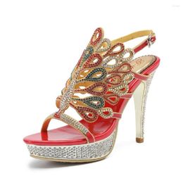 Sandals Summer Fashion Thin High Heels Peep Toe Platform Cutout Rhinestone Crystal Bling Genuine Leather Women Gladiator