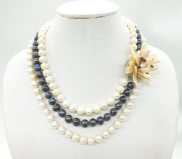 Pendant Necklaces Very Beautiful 3 Rows Natural White Black 10-11MM Freshwater Pearl Necklace