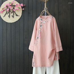 chinese style shirts women UK - Ethnic Clothing Cotton Linen Embroidery Hanfu Top Pants Two Pieces Chinese Style Retro Women Tang Suit Shirt Set China Traditional Loose