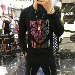 Men Designer Jumper Leopard Diamonds Beads Hoodies Tee O Neck Long Sleeve Casual Male Leisure Skeleton Streetwear Sweatshirt Hip Hop Black White Rhinestone