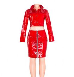 Cosplay Halloween Costumes Sexy PVC Leather Two Piece Set Dresses Womens Red Long Sleeve red Mini Dress