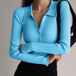 Womens Sweaters Lapel Slim Slimming Tops Ladies Hollow Buttons Sexy V Neck Long Sleeve POLO Knit Cardigan Sweater 220920