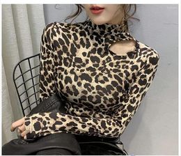 Women's T Shirts 2022 Women's Stand Collar Sexy Hollow Out Cutout Leopard Print Bodycon Tunic T-shirt Plus Size Autumn Tops SMLXLXXL