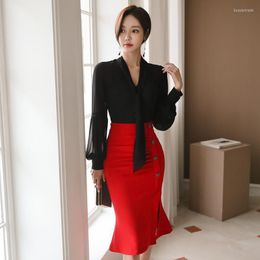 Skirts Split Red Skirt Fashion OL Style Women Sets Elegant 2 Pieces Set V-neck Lantern Sleeve Black Blouses & Side High Quality