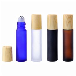 Plastic Wooden Grain Cap 1/3OZ Glass Roll On Bottle 10ml with Metal Ball For Essential Oil