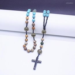 Pendant Necklaces Luxury Natural Mookaite Stone Handmade Rosary For Women Men Semi-precious Sweater Chain With Cross Pendants Jewellery