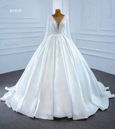 Luxury Wedding Dress Satin Embellished Pearl White Bridal Long Sleeve Women's Dress SM67210
