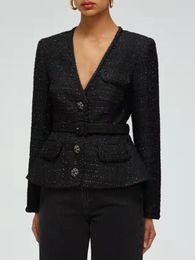 Women's Jackets Women V-Neck Tweed Black Coat 2022 Early Spring Ladies Long Sleeve Single-Breasted Elegant Jacket Tops With Sashes