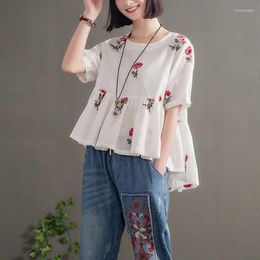 Women's Blouses Women's & Shirts Women'S Loose Linen Blouse Rose Flowers Embroidered Shirt Short Sleeve Mom Clothes Female O Neck