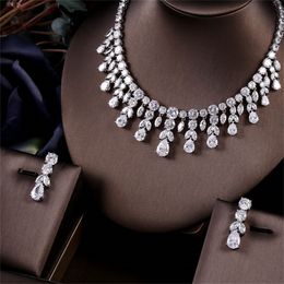 Other Jewelry Sets JaneKelly Luxury Sparking Brilliant Cubic Zircon Drop Earring Necklace Heavy Dinner Jewelry Sst Wedding Bridal Dress Accessories 220921