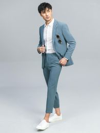 Men's Suits Men Set Single One Button Blue Leisure Slim Fit Fashion Luxury Wedding Groom Wear Businessman Daily Clothing Blazer Pant