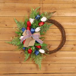 Decorative Flowers Independence Day Flower Wreath Silk Tulip & Natural Rattan Wreaths For 4th Of July Blue Red White Artificial