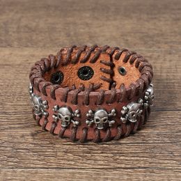 Retro Viking Skull Bracelets Leather Bangle Cuff Button Adjustable Multilayer Wrap Bracelet Wristand for men women will and sandy Fashion jewelry