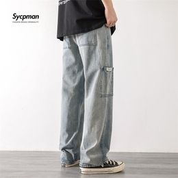 Men's Jeans Loose Street Style Straight Cargo Pants Men Fashion Brand Wide Leg Overalls Retro Trend Leisure Youth Denim Baggy 220920