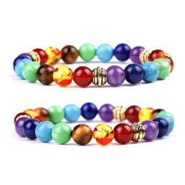 Colorfuol Yoga 7 Chakra Stone Bracelet Strand Healing Red Agate Yoga Gemstone Beaded Bracelets wristband for Men Women Fashion Jewelry