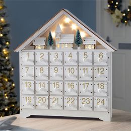 Christmas Decorations White LED 24 Day Wooden Advent Calendar Battery-Operated Light-Up 24 Storage Drawers House Home Decorate 220920