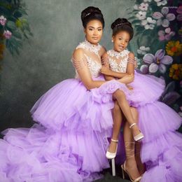 Girl Dresses Purple High Low Girls Pageant Neck Beading 3D Flower Layered Tulle Skirt Kids Birthday Party Dress 2022