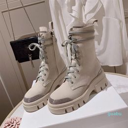 Beige chunky platform boots leather Hiking lace-up shoes combat boot 65mm low heel Round toes casual booties ankle