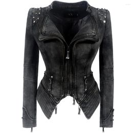 Women's Jackets SX Gothic Grey PUNK Rivet Women Denim Jacket Spring Winter Zipper Motorcycle Outerwear