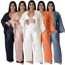 Plus Size 5XL Women Pleated Pants Suit Fashion Autumn Oversize Outfits Long Sleeves Shirt Crop Tops Wide Leg Three Piece Set