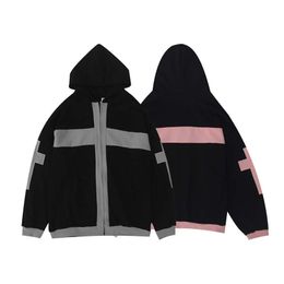 Vintage Men Hip Hop Hoodie Jacket Streetwear Embroidery Cross Colour Block Patchwork Zip Hooded Sweatshirt Harajuku Casual Coats