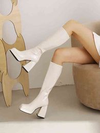 Boots High Heel 2022 Fashion Square Toe White Platform Shoes Black Women Leather Botas De Invierno Para Mujer Y2209