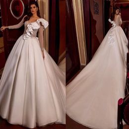 Designed White Wedding Dress Custom Made V Neck Tiered Sleeve A Line Gown Long Train Church Bridal Dresses