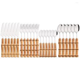 Dinnerware Sets 24Pcs Imitation Bamboo Handle Set Steak Knife Fork Tea Spoon Cutlery Stainless Steel Tableware Kitchen Silverware