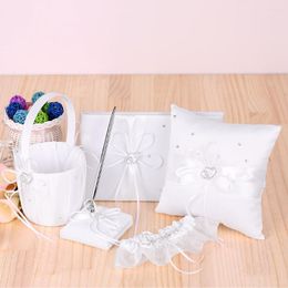 Party Decoration 5pcs/set Wedding Accessories Double Heart Satin Flower Girl Basket 7x7'' Ring Bearer Pillow Guest Book Pen Holder