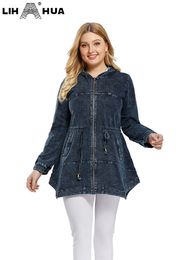 Women s Plus Size Outerwear Coats LIH HUA Denim Hooded Jacket Casual Fashion Long Sleeve Premium Stretch Knit 220922