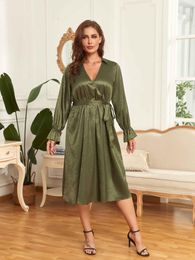 Plus Size Dresses Autumn Dress Women Long Sleeve Army Green Sexy V Neck Loose Midi Elegant Wraped Ladies Party VestidosRobe