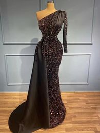 Black Prom Dresses Lace One Long Sleeve V Neck Appliques Shiny Satin Sequins Beaded Evening Dresses Lace Train Floor Length Party Gowns Plus Size Custom Made