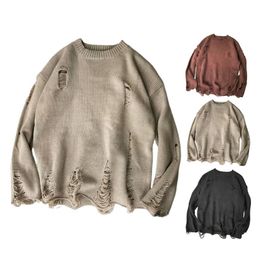 Men's Sweaters Men Wash Hole Ripped Knit Solid Colour O Neck Oversized Couple Sweater Winter Cool Boy Clothes Streetwear 220922