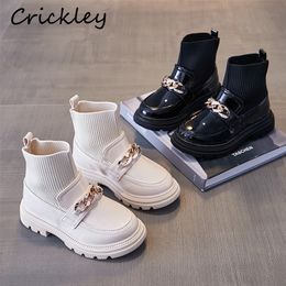 Boots Metal Chain Girls Boys Fashion PU Leather Knitting Patchwork Slip On Kids Socks Shoes Anti Children Ankle 220921