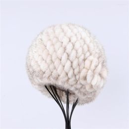 Berets Women's Winter Knitted Beret Hat Real Beanie Top Caps With Flowers