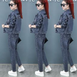 Women's Two Piece Pants Women's Women Denim 2 Sets Outfit Spring Autumn Casual Long Sleeve Jean Jacket High Waisted Jeans Suit 4XL