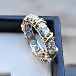 Cluster Rings Handmade Across ring White Yellow Gold Filled AAAAA Zircon cz Wedding Band for women Men Statement Party Jewelry 220921