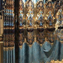 Curtain High-end Luxury Curtains For Living Room European Atmosphere Villa Hollow Blue Flannel Embroidery Custom Fabric