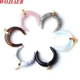 New Natural stone agates Quartz Crystal Pendant Mix Stone Crescent Moon Gold Colours Necklace Women Fashion Jewellery BO951