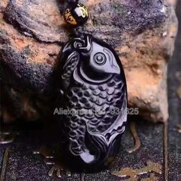 Pendant Necklaces Beautiful Natural Black Obsidian Carved Cute Fish Lucky Blessing Free Beads Necklace Fashion Crystal Jewellery